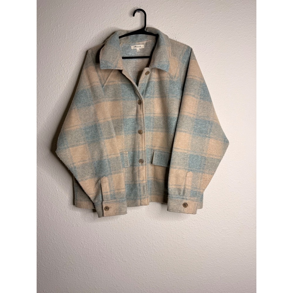Madewell Plaid Shirt Jacket Womens Large Blue Tan Brushed Knit Shacket Coat L